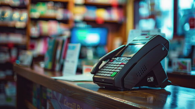 the cash register in the store. a payment terminal in the store. International Credit Union Day
