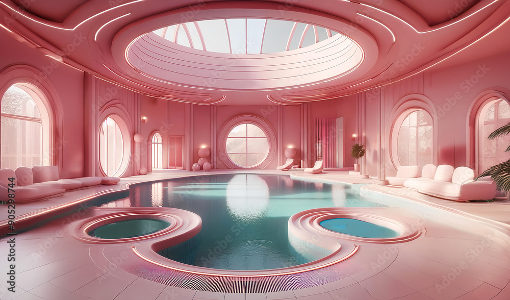 Wall mural A luxurious indoor swimming pool area with a striking pink color scheme.