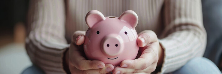 the girl holds a piggy bank in her hands. International Credit Union Day