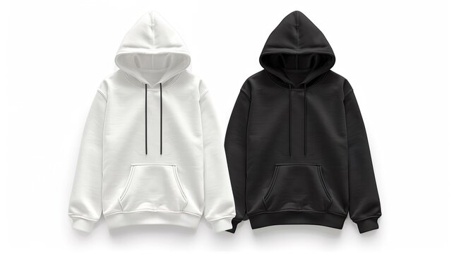 Maqueta de sudaderas de color blanco y negro con capucha . Vista frontal. 
