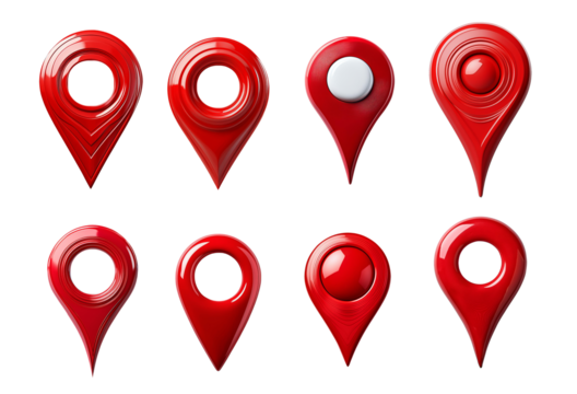 A set of eight red map location pins in various designs, perfect for navigation, travel, and map-centric projects.