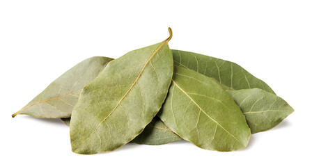 Pile of bay leaves close-up on a white background. Isolated