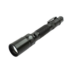 Sleek black metal flashlight with textured handle, perfect for camping, hiking, and emergency...