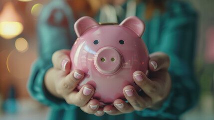 the girl holds a piggy bank in her hands. International Credit Union Day