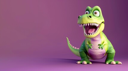 Fototapeta premium A cartoon dinosaur with a big smile on a purple background.