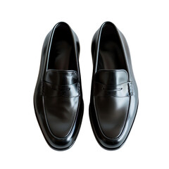 Top view of elegant black leather loafers isolated on a white background. Stylish footwear perfect for formal and casual wear.