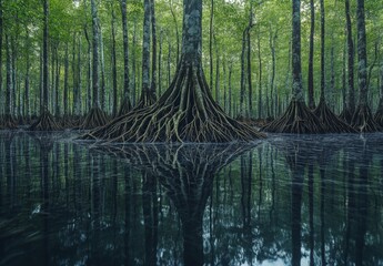 A dense swamp forest with trees displaying intricate root systems above the waterline, creating a mystical atmosphere