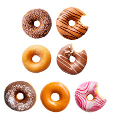 Assorted donuts featuring chocolate, glazed, and pink frosted varieties displayed in a row, each with different textures and toppings.