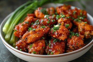 Fototapeta premium Boneless chicken wings dipped in buffalo and BBQ sauce