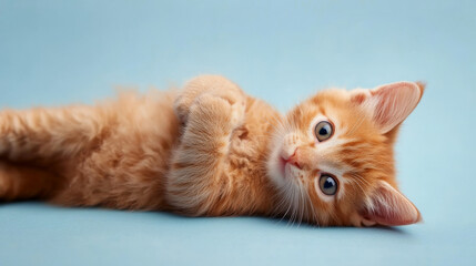 A playful orange kitten lying on its back on a light blue background. The kitten's soft fur and playful pose create a heartwarming and joyful image.