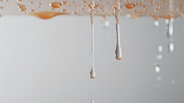 Dramatic close-up of water dripping from a ceiling, capturing the urgency of a plumbing leak problem in a household setting
