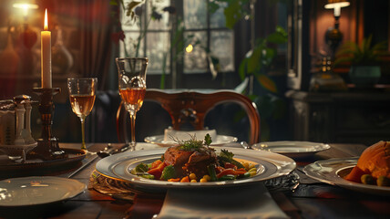 Gourmet dinner, Dining table set with plates, cutlery, glasses and a candle, in a room with natural light streaming in through a window in the background