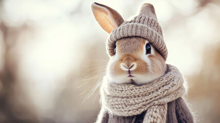 Fototapeta premium Portrait of a handsome fashionable rabbit. The rabbit is dressed in a trendy hat and a small scarf, looking adorable and sophisticated.