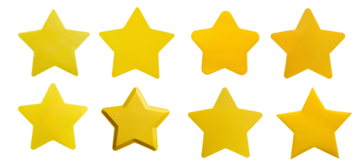 Set of eight golden yellow star icons with different gradients and shadings, perfect for ratings, reviews, or decorative purposes.