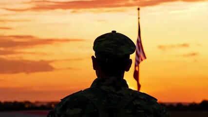 Silhouette of soldier with rifle at sunset, military tribute or veterans day concept