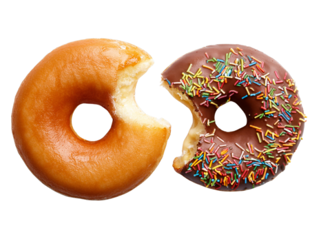 Two delicious doughnuts, one glazed and one chocolate with sprinkles, side by side with bites taken out, isolated on a white background.