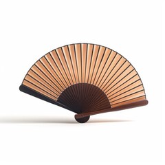Medium shot of Traditional asian hand fan, placed on the table, with natural wood grain and a dark brown color scheme, isolated on a white