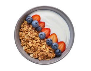 A delicious bowl of yogurt topped with granola, strawberries, and blueberries, perfect for a healthy breakfast or snack.