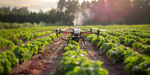 Agricultural drone work in the fields, 5G technolohy with smart farming concept