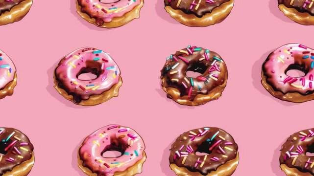 Animated video background with seamless loop of Donuts on pink background, endless movement animation
