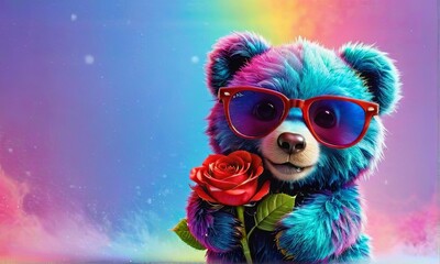 Bear with Red Sunglasses Holding Roses