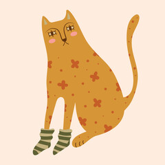Cute autumn cat in striped socks, isolated on a light background. Vector illustration for autumn design