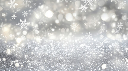 Snow-covered silver background with sparkling white snowflakes, giving an elegant Christmas winter design. The silver backdrop adds a sophisticated touch.