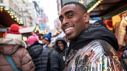 Obraz premium Joyful Man in Sparkling Jacket at Festive Outdoor Market