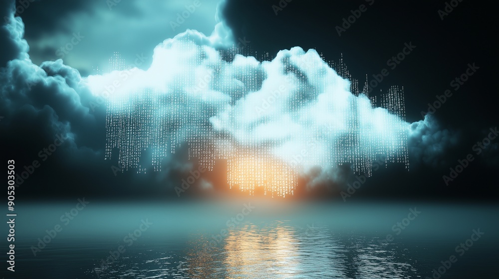 Poster clouds and digital code emerging from water, symbolizing digital transformation and cloud computing.