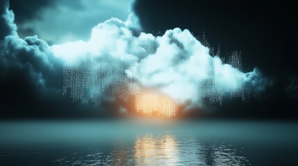Fototapeta premium Clouds and digital code emerging from water, symbolizing digital transformation and cloud computing.