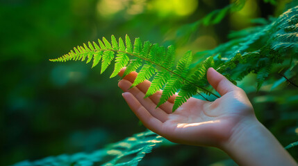 Woman's hand gently caresses a lush green fern leaf, symbolizing the harmonious connection between humans and the natural world.