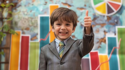 Confident young boy in a suit gives a thumbs up in front of a colorful growth chart, embodying ambition and success with a bright future ahead