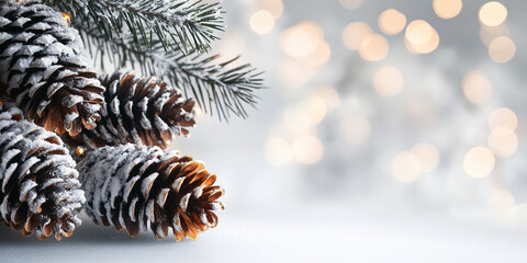 Christmas pine cones and branches with glowing bokeh lights on a light grey background