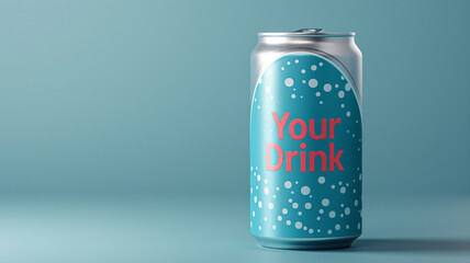 A metal can with a pull-tab and a logo that says "Your Drink". The can is light blue and has a white and red design. The can contains a drink that has a carbonated texture and a refreshing taste. 