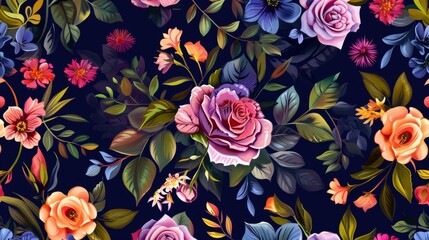 Enchanting Midnight Floral Wallpaper with Lush Roses and Foliage