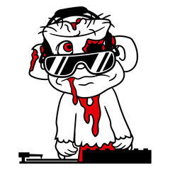 DJ Zombie Sad Monster Undead Horror Halloween Headphone Techno Sound Disco Dance Club Music Love Party Time Mixing Console Record Player Vinyl Plate Deejay Mixer Funny Cute Cool Comic Cartoon Drawing