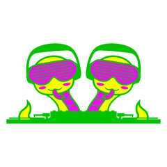 DJ Two Snakes 2 Team Crew Duo Friends Sunglasses Headphone Animal Techno Disco Dance Club Music Party Time Mixing Console Record Player Vinyl Plate Deejay Mixer Funny Cute Cool Comic Cartoon Drawing