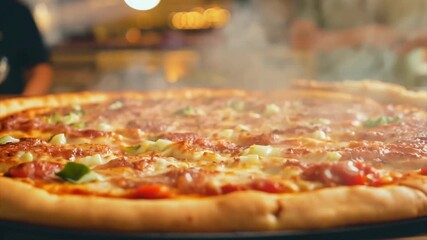 Freshly baked steaming hot big pizza with salami against the backdrop of a working bustle in a pizzeria.