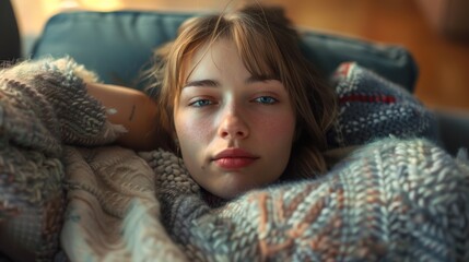 young woman taking a deep breath and trying to relax on the sofa after waking up with a hangover