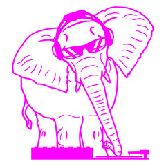 DJ Pink Elephant Sunglasses Headphone Animal Techno Sound Disco Dance Club Music Lover Party Time Mixing Console Record Player Vinyl Plate Deejay Mixer Happy Funny Cute Cool Comic Cartoon Drawing Art