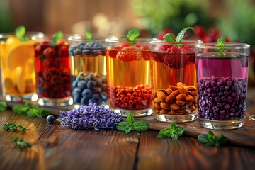 Colorful Glasses Filled With Fresh Fruits, Nuts, and Herbs on Wooden Table