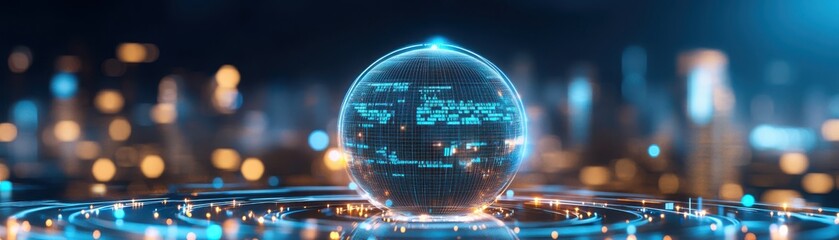 Obraz premium A futuristic digital globe surrounded by glowing lights, representing technology, data, and connectivity in a modern urban landscape.