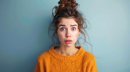 Young woman with a confused expression standing against a solid studio background