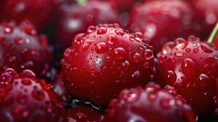 Close up of many ripe red cherries with water drops
