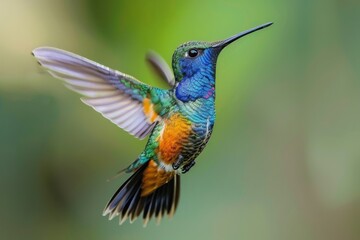 Fototapeta premium Sapphire-throated Hummingbird in Flight Over a National Park, a Majestic Display of Nature's Beauty and Wildlife Conservation Efforts