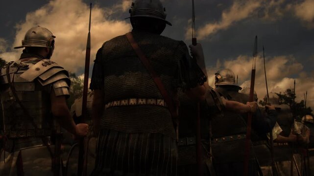 Roman soldiers in battle formation with spears at sunset, creating a dramatic scene
