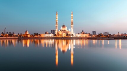 Ancient mosque illuminated by neon city lights, reflections shimmering on the water, creating a blend of tradition and modernity