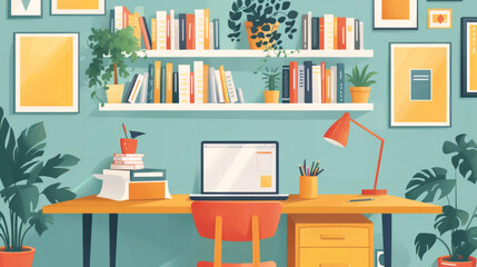 Elegant home office setup featuring a desk with green plants and abundant natural light, offering a serene and productive atmosphere. Ideal for remote work and home decor inspiration