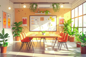 Fototapeta premium Bright and airy office space with large windows and a stylish wooden desk, creating a productive and inspiring work environment. Ideal for corporate or creative projects