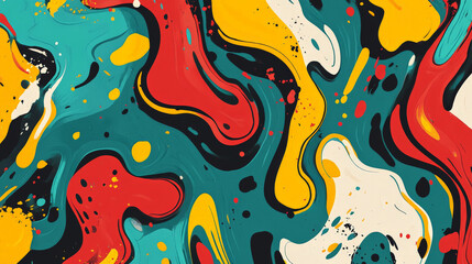 A playful color splash abstract cartoon background with splashes of turquoise, red, and yellow. The design features fun shapes and curvy lines, adding a lively and cheerful vibe.